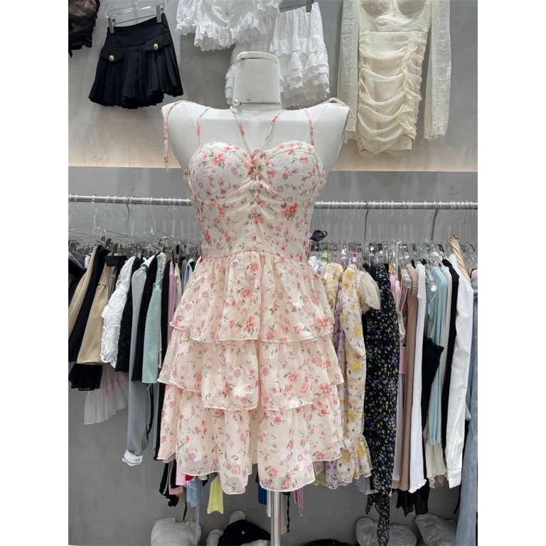 Đầm Công Chúa Mùa Hè Hai Dây Cổ Yếm In Họa Tiết Hoa Hồng Phong Cách Pháp Ngọt Ngào Hợp Thời Trang