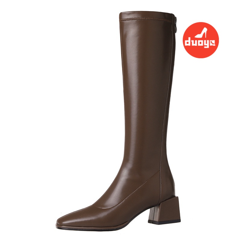 Duoya Tóc Thẳng ~ [Hàng Có Sẵn] Giày Bốt Ống Dài Gót Dày Mũi Vuông Cao Cao Co Giãn Màu Nâu Béo mm Cho Nữ Khi Lái Xe