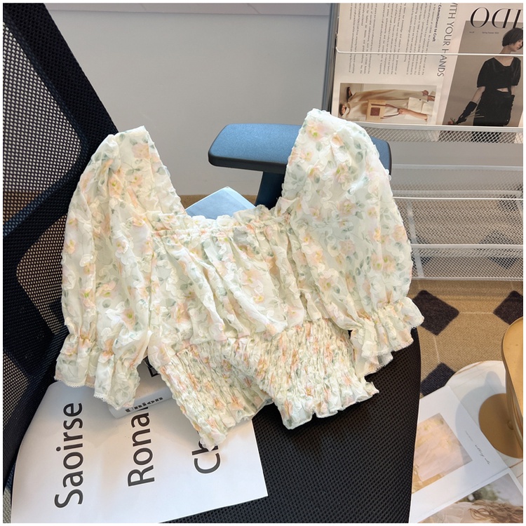 Áo Kiểu Tay Ngắn Phồng Cổ Vuông In Họa Tiết Hoa Thời Trang Mùa Hè Xinh Xắn Cho Nữ