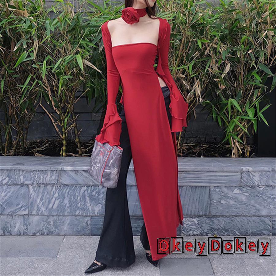 Đầm Ống Dài Xẻ Tà + Áo Tay Dài Bolero Shrug + Vòng Cổ Hoa Hồng Dành Cho Bạn Nữ