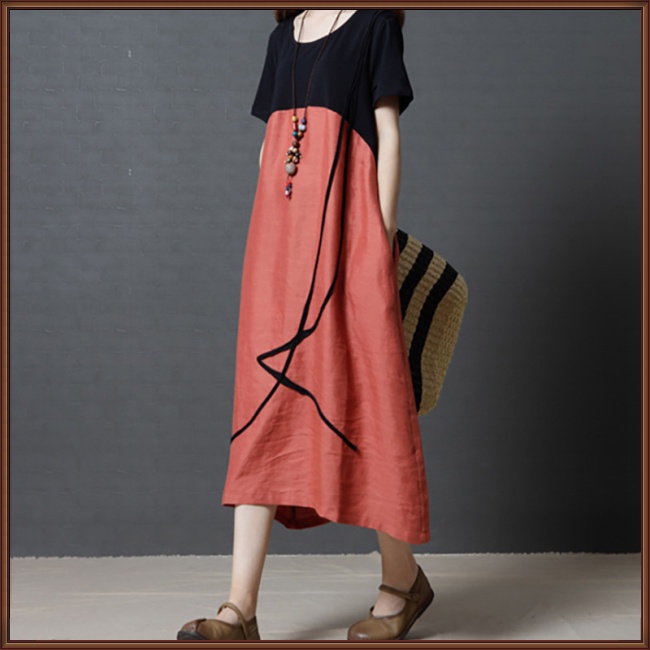 Đầm Cổ Tròn Size Lớn Phối Màu Thời Trang Mùa Hè Cho Nữ