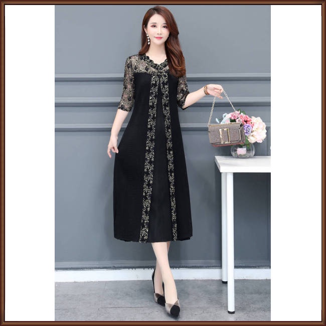 Đầm Dáng Rộng Cổ Chữ V Phối Lưới In Họa Tiết Xinh Xắn Thời Trang Cho Nữ