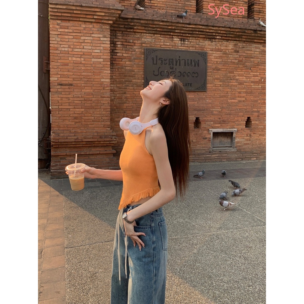 Áo Hai Dây Dệt Kim Ôm Dáng Phối Tua Rua Thời Trang Mùa Hè Cho Nữ