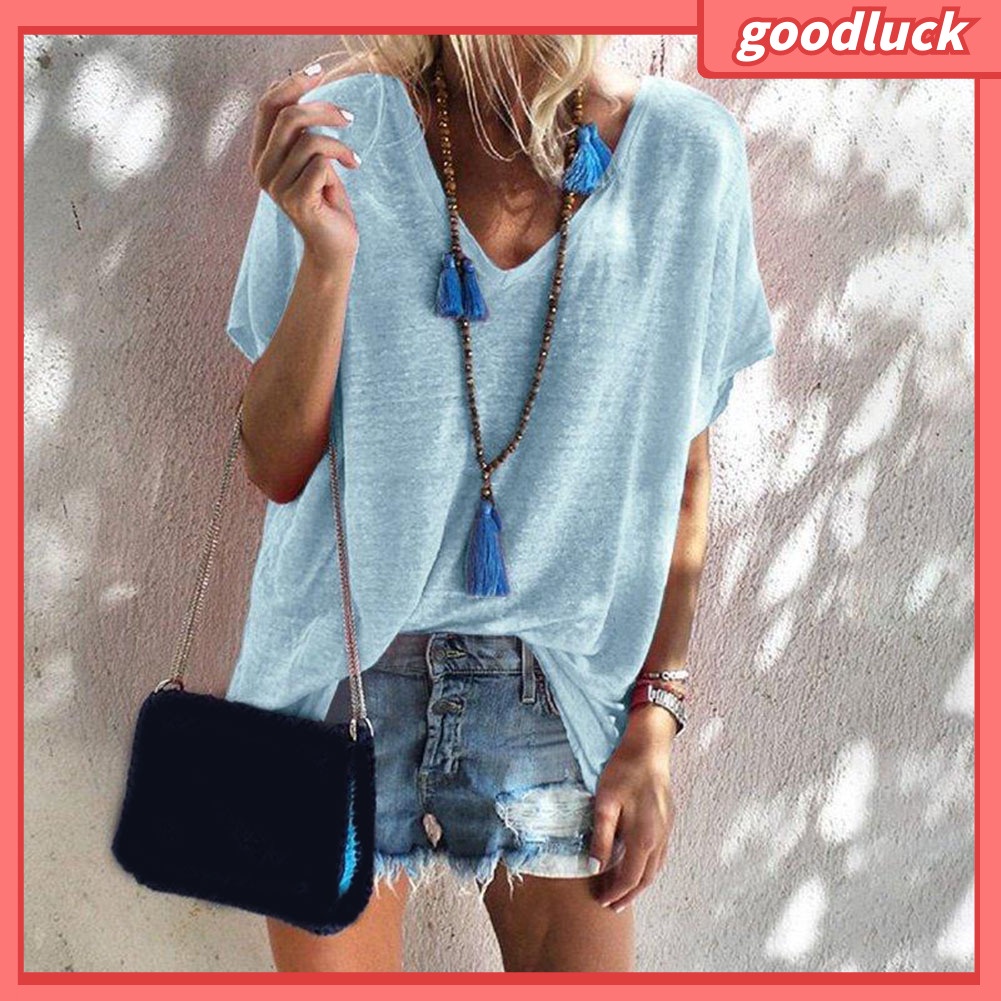 Áo Thun Tay Ngắn Cổ Chữ V Màu Sắc Đơn Giản Dành Cho Nữ