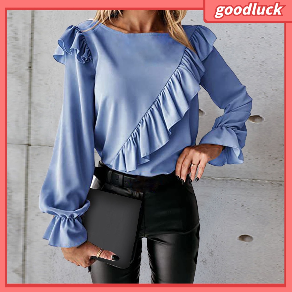 Áo Thun Tay Dài Cổ Tròn Phối Bèo Màu Sắc Trơn Phong Cách Đường Phố Thời Trang Mùa Thu Cho Nữ