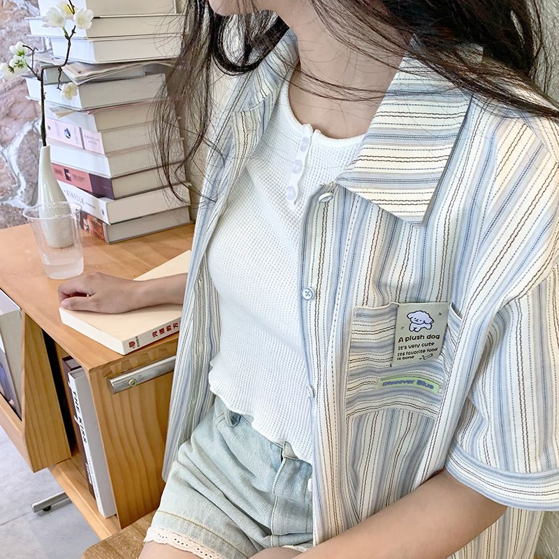 Áo Sơ Mi Tay Ngắn Dáng Rộng Thêu Họa Tiết Dễ Thương Phong Cách Nhật Bản