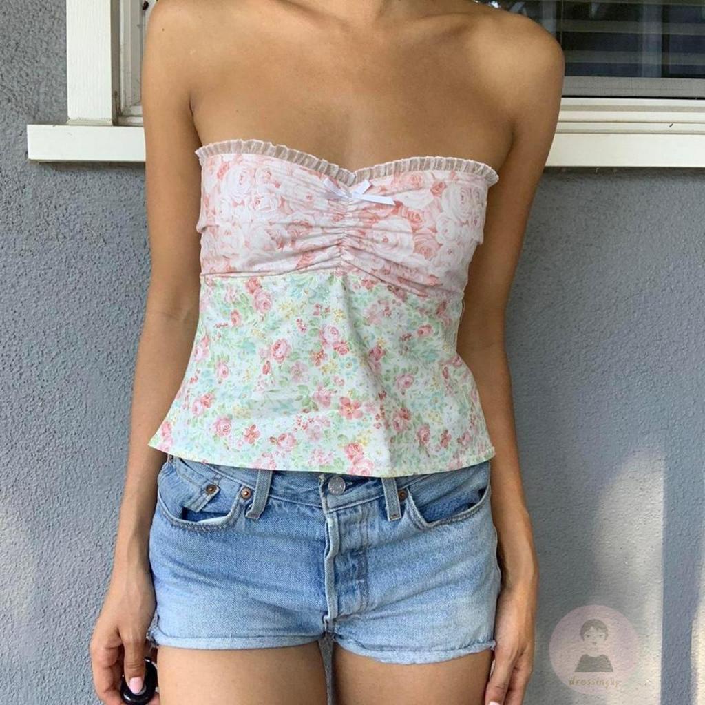 Áo Ống Không Dây Hở Lưng Họa Tiết Kẻ Sọc / Hoa Thời Trang Mùa Hè Cho Nữ