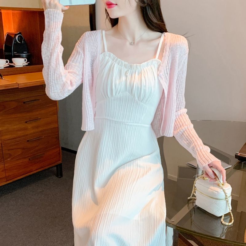 Bộ Đầm Hai Dây Dáng Dài Ôm Eo Màu Xanh Dương Thời Trang Mùa Hè Xinh Xắn Cho Nữ 0MRM
