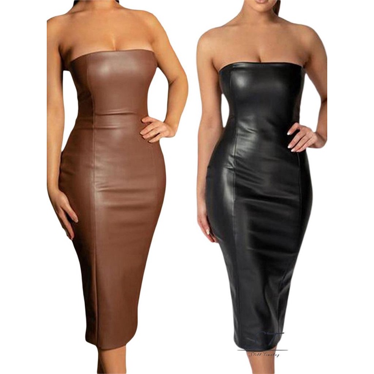 Đầm Dài Dáng Ôm Không Tay Chất Liệu Giả Da Màu Trơn CY03 Cho Nữ