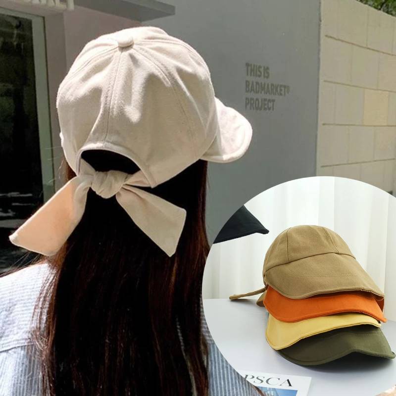[Đặc trưng] Mũ Vành Rộng Chống Nắng / Tia UV Màu Trơn Đính Nơ Có Thể Gập Lại Thời Trang Xuân Hè Cho Nữ