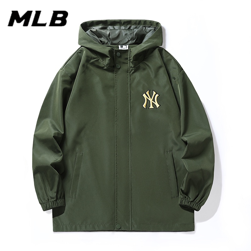 Áo Khoác Gió Dáng Rộng Có Mũ Trùm Thêu Logo MLB NY Thời Trang Cho Các Cặp Đôi