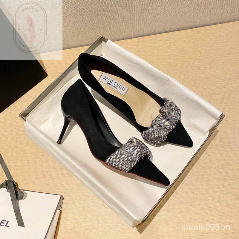 Giày Cao Gót Mũi Nhọn Màu Đen Đính Đá Sang Trọng Thời Trang Xuân Hè 2023 CP8A