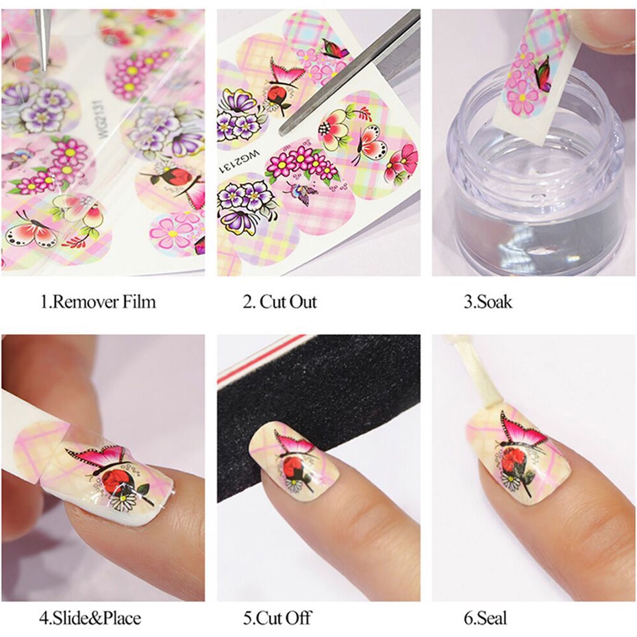 Set 24 Miếng Dán Trang Trí Móng Tay Họa Tiết Hoa Bướm Thời Trang Mùa Hè