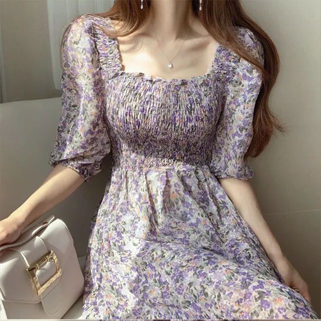 Đầm Voan Hoa Ngắn Tay Cổ Vuông Xếp Ly Nhấn Eo Phong Cách Pháp Thanh Lịch Cho Nữ