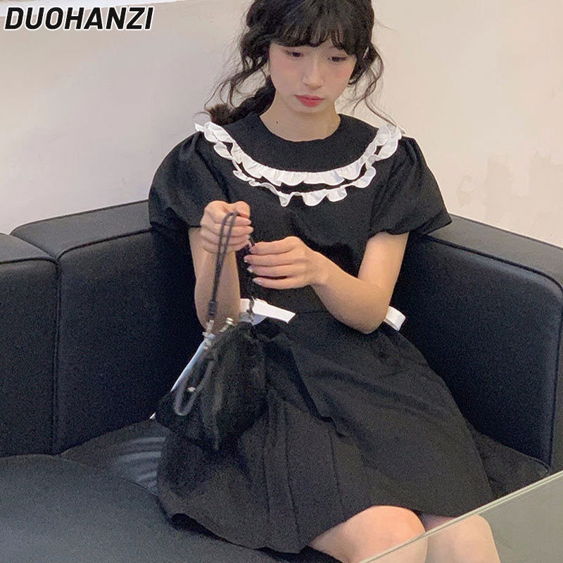 Đầm Búp Bê Dáng Chữ A Lưng Cao Màu Đen Đính Nơ Dễ Thương