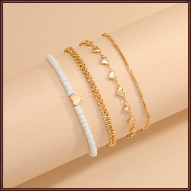 Set 4 Lắc Chân Nhiều Lớp Mặt Hình Trái Tim Phong Cách Retro Cho Nữ