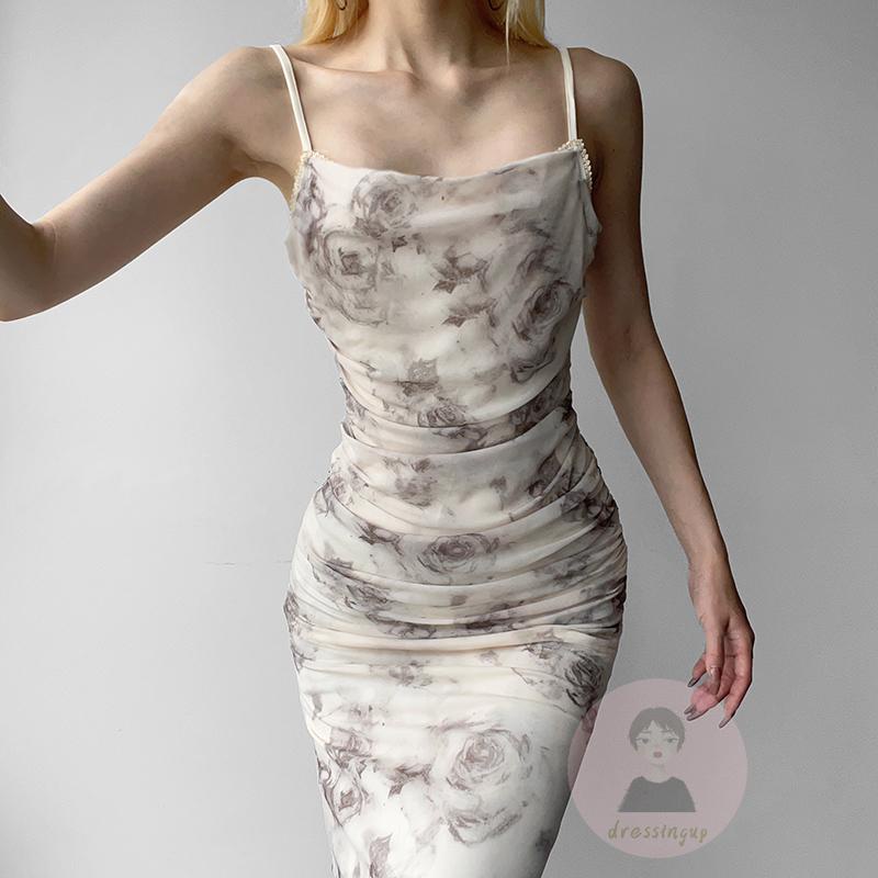 Đầm Hai Dây Hở Lưng Xẻ Tà In Họa Tiết Hoa Phong Cách Cổ Điển Thời Trang Cho Nữ