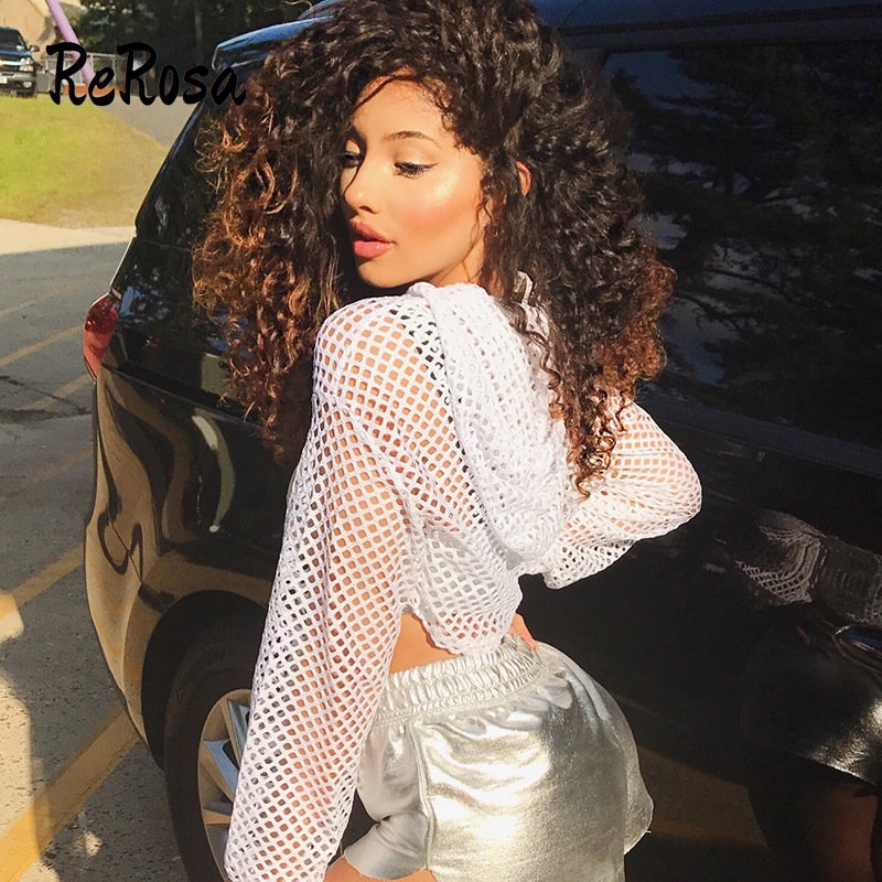 Rerosa Áo Hoodie Thể Thao Tay Dài Phối Lưới Màu Trơn Dễ Phối Đồ Thời Trang Cho Nữ