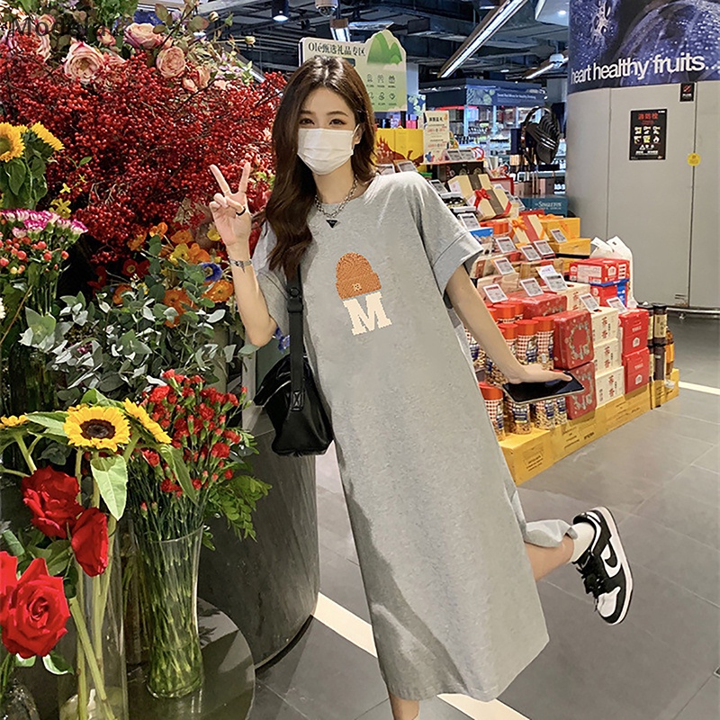 Đầm Midi Cổ Tròn Dáng Rộng Xẻ Tà In Chữ Đơn Giản Thời Trang Mùa Hè Cho Bạn Gái