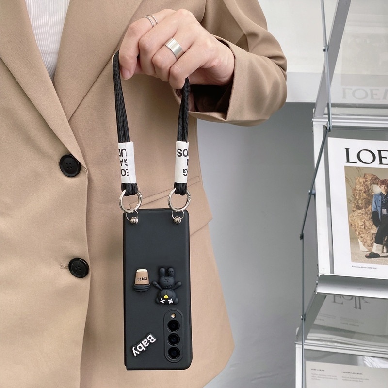 Thời Trang Ốp Điện Thoại Hình Gấu Uống Cà Phê Có Dây Đeo Tay Cho samsung galaxy z fold 5 4 3 5g