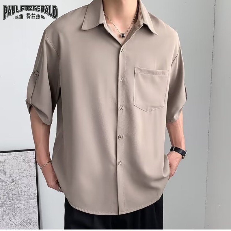 Áo Sơ Mi Tay Lửng Màu Trơn Phong Cách Harajuku Nhật Bản Cho Nam