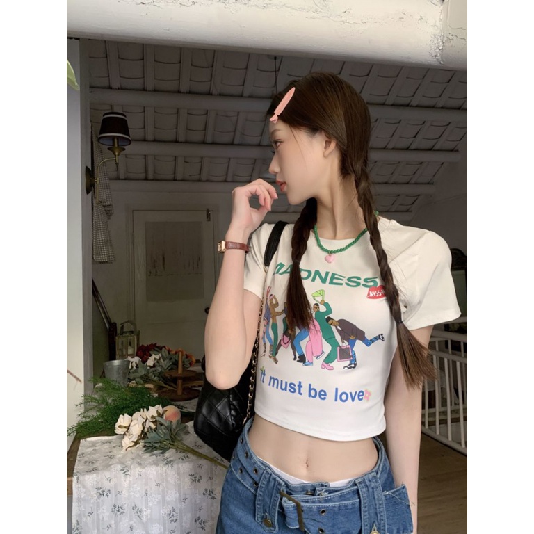 Áo baby tee Thun croptop Cotton Ngắn Tay Hở Rốn Eo Cao Thời Trang Retro Mỹ Cho Nữ