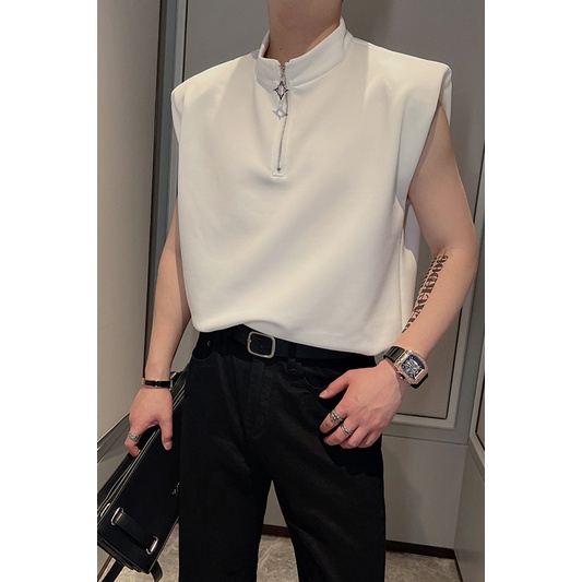 Áo Thun Sát Nách Cổ Đứng Có Khóa Kéo Màu Trơn Thời Trang Mùa Hè Cho Nam