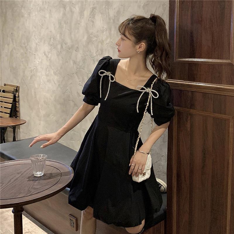 Đầm Chữ A Tay Ngắn Phồng Cổ Vuông Thắt Nơ Dáng Ôm Thời Trang Mùa Hè Hàn Quốc Mới