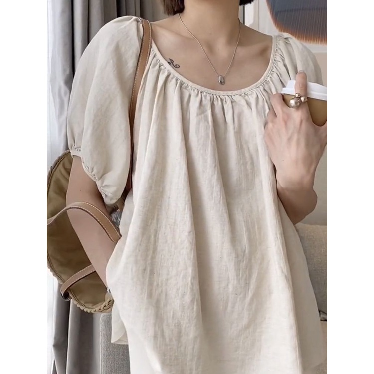 Áo Thun Cotton Lanh Mỏng Tay Ngắn Cổ Một Hàng Nút Dáng Rộng Thời Trang Mùa Hè 2023 Mới Cho Nữ