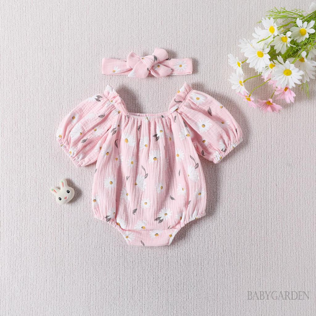 Bộ Áo Liền Quần Tay Ngắn In Họa Tiết Hoa Kèm Băng Đô Cài Tóc Xinh Xắn Thời Trang Mùa Hè Cho Bé Gái 0-18 Tháng Tuổi