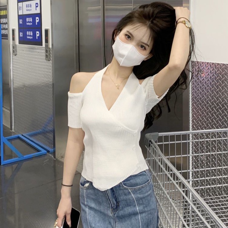 IELGY    Áo Thun Tay Ngắn Cổ Chữ v Hở Vai Phong Cách retro Dành Cho Nữ
