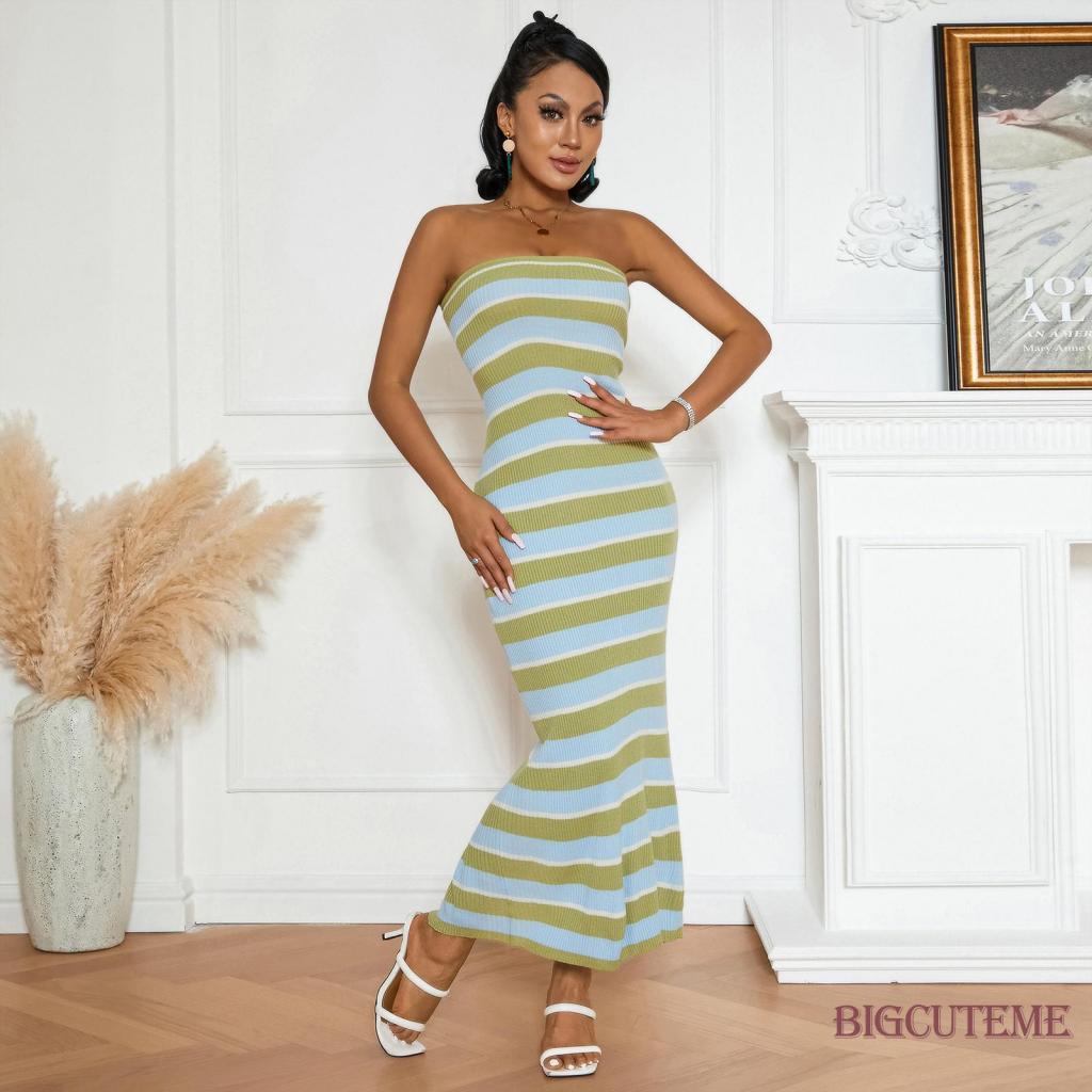 [] Đầm Midi Dệt Kim Không Tay Kẻ Sọc Màu Sắc Tương Phản Thời Trang Mùa Hè Dành Cho Nữ