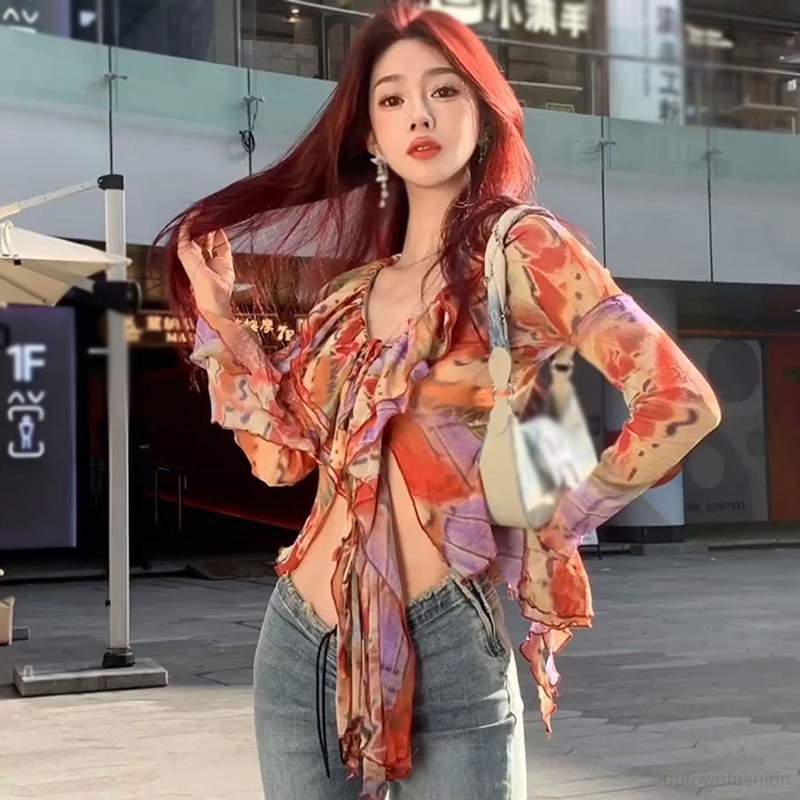 Áo Sơ Mi Tay Dài Vải Lưới Mỏng Ôm Dáng Thiết Kế Cá Tính Cho Nữ