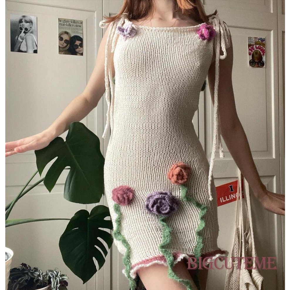 [] [] Đầm Dệt Kim Hai Dây Không Tay Thắt Nơ In Hoa Mùa Hè Cho Nữ