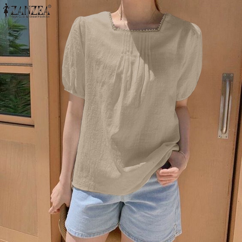 ZANZEA Áo Kiểu Cotton Tay Ngắn Phồng Cổ Vuông Màu Trơn Thời Trang Hàn Quốc Cho Nữ
