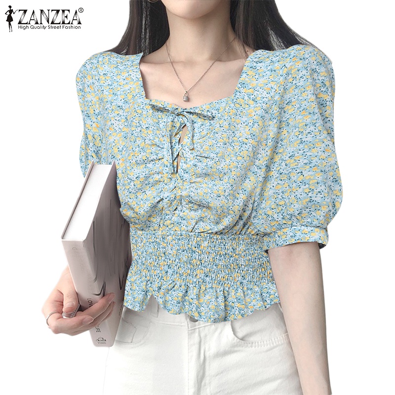 Áo kiểu ZANZEA cổ vuông tay phồng in họa tiết hoa phong cách Hàn Quốc thời trang cho nữ