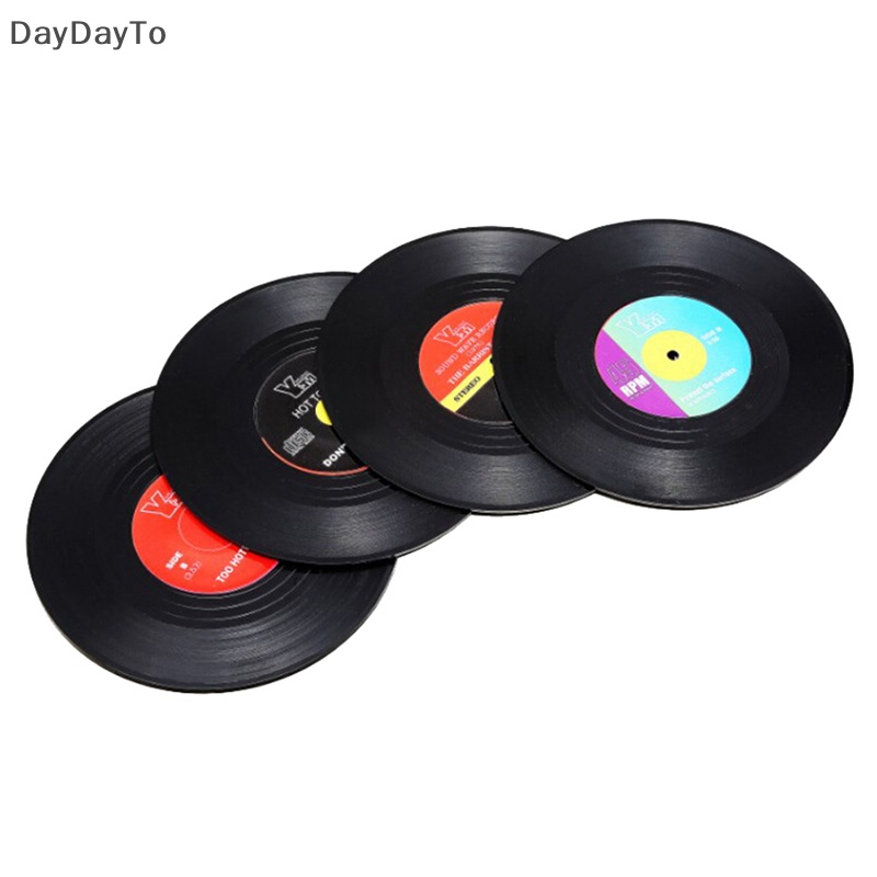 Set 4 Đế Lót Cốc Hình Đĩa Thu Âm Chống Trượt Chịu Nhiệt Phong Cách Retro