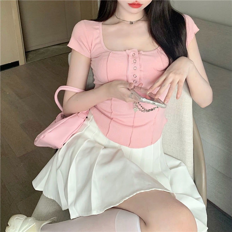 IELGY Áo Thun Nữ Ngắn Tay Lệch Tà Thời Trang