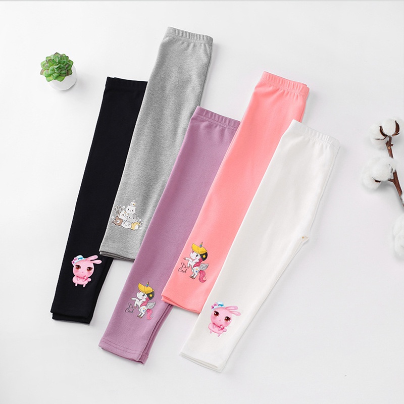 Quần Legging Cotton Màu Trơn In Họa Tiết Hoạt Hình Phong Cách Hàn Quốc Thời Trang Mùa Hè Cho Bé Gái 3-9