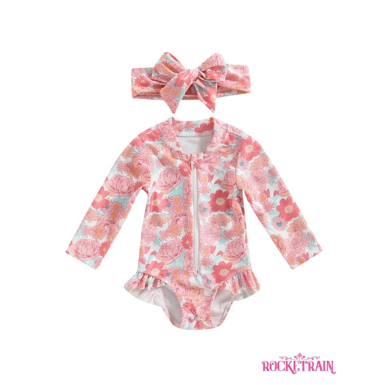 Wa-kids Bộ Đồ Bơi Liền Thân Tay Dài Có Khóa Kéo In Họa Tiết Hồng Hạc / Hoa Chống Nắng Cho Bé Gái