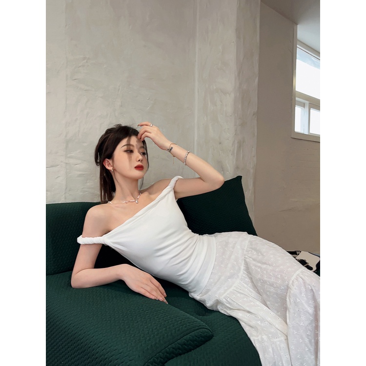 Liasynn Áo Thun Dệt Kim Trễ Vai Thắt Nút Thời Trang Mùa Hè Cho Nữ