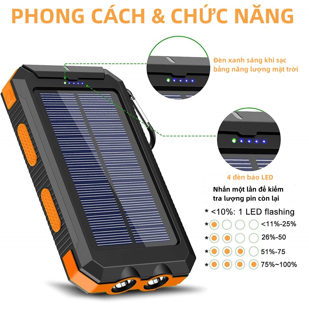 sạc dự phòng 50000MAh 100% Ngân hàng năng lượng mặt trời ngoài trời chính hãng Pin ngoài không thấm nước Nguồn điện LED