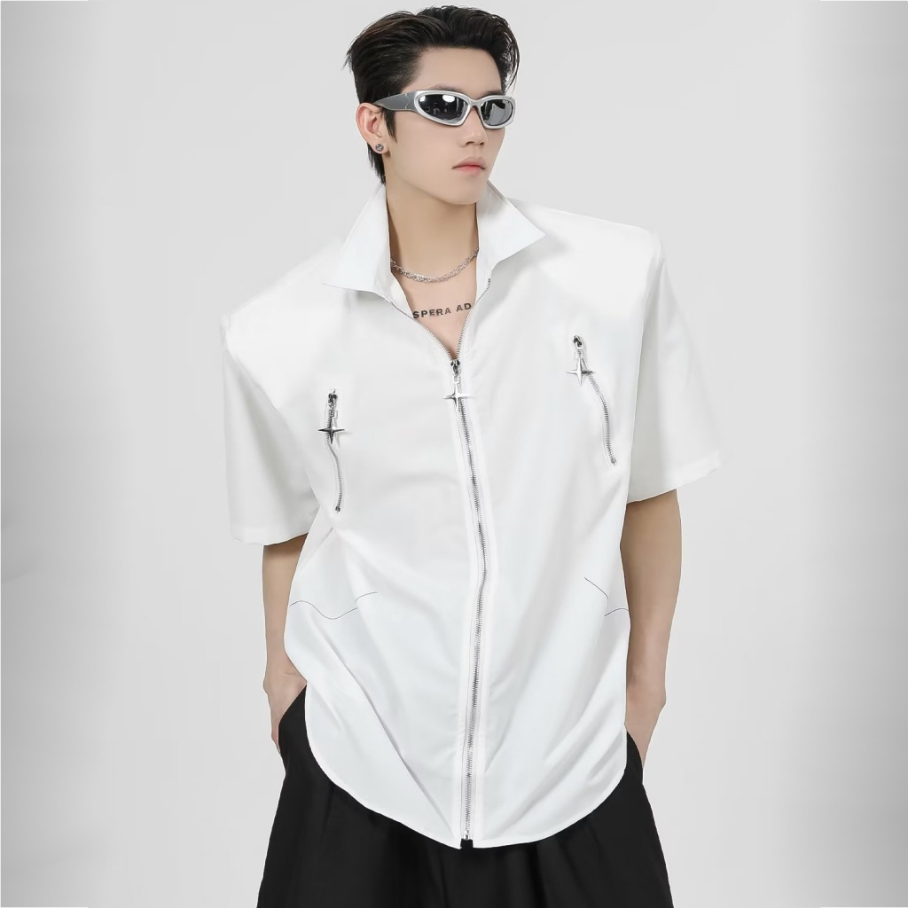 Áo Sơ Mi Tay Ngắn Dáng Rộng Phong Cách Hip Hop Cá Tính Cho Nam