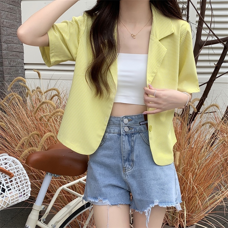 Áo Khoác Polo Tay Ngắn Dáng Rộng Họa Tiết Sọc Caro Thiết Kế Mới Thời Trang Mù