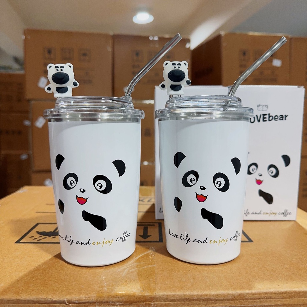 Bình Nước Giữ Nhiệt 450ml Bằng Thép Không Gỉ 304 Họa Tiết Gấu Trúc Dễ Thương Kèm Ống Hút Tiện Dụng