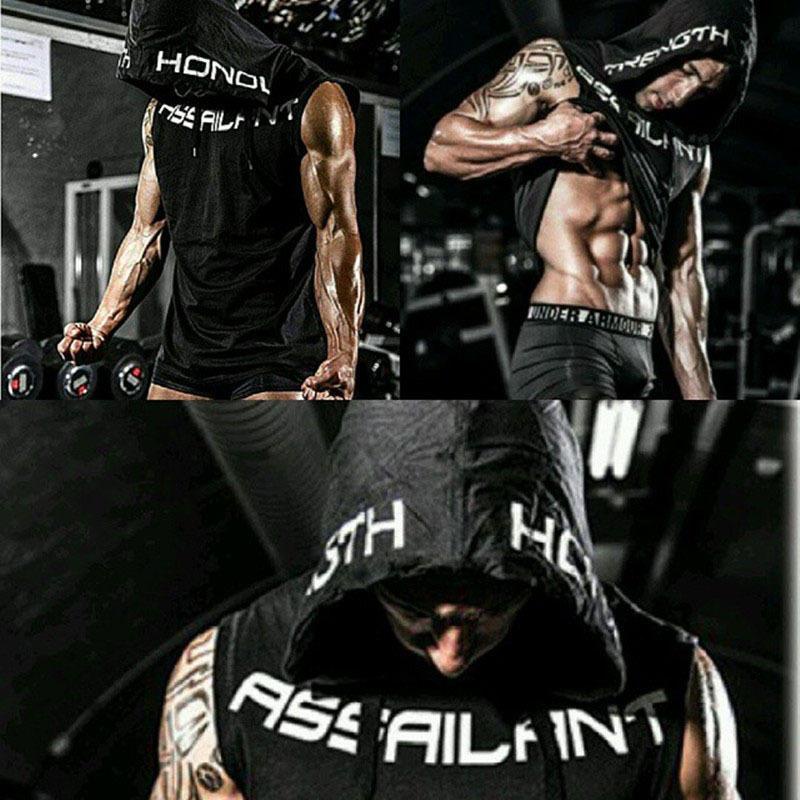 Áo không tay HANLU có mũ trùm đầu vải cotton thấm hút mồ hôi thoáng khí thời trang thể thao cho nam