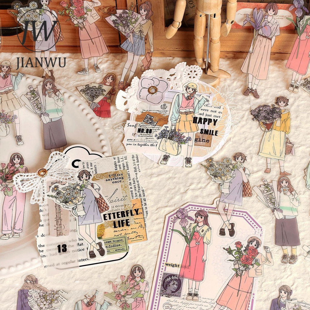 Bộ 30 Tấm Nhãn Dán PET Sơn Dầu Hình Cô Gái Xinh Xắn Trang Trí Sổ Tay DIY