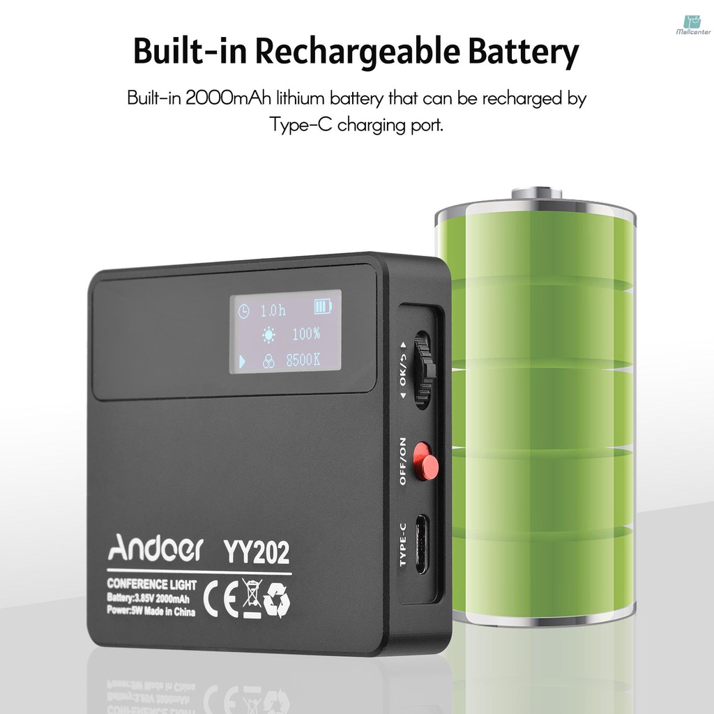 Andoer YY202 Bi-Color Pocket LED Video Light Photography Conference Fill Light 2500K-8500K Dimmable Aluminum Alloy Built-in Battery with Silicone Diffuser Mini Ballhead Adapter for Vlog Live Streaming