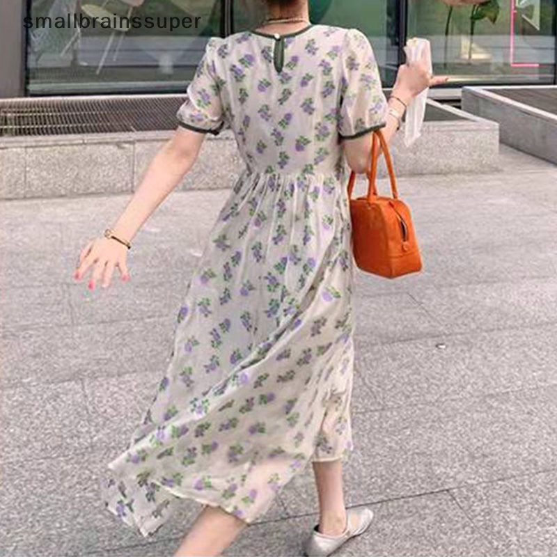 Đầm Dài Dáng Chữ A Tay Ngắn In Họa Tiết Hoa Phong Cách Vintage Hàn Quốc Thời Trang Mùa Hè Cho Nữ