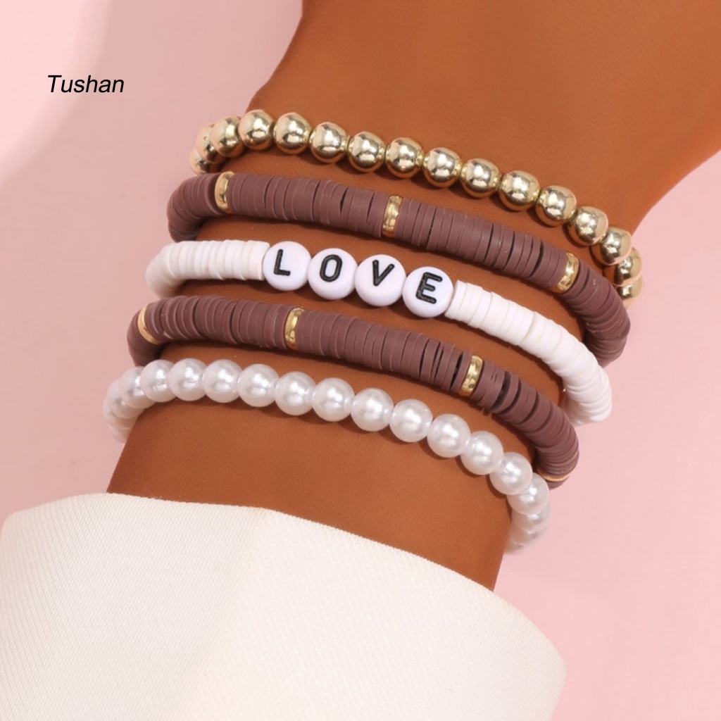 Set 5 Vòng Tay Hạt Đất Sét Nhiều Màu Sắc In Chữ Love Phong Cách Bohemian